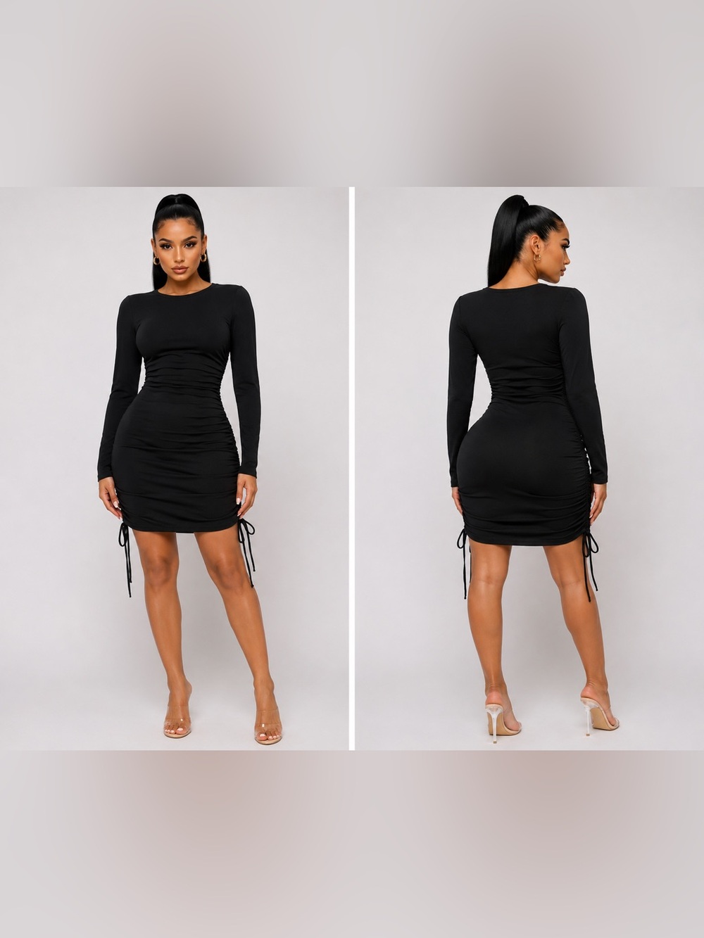 Long-Sleeve Black Ruched Side-Tie Mini Dress